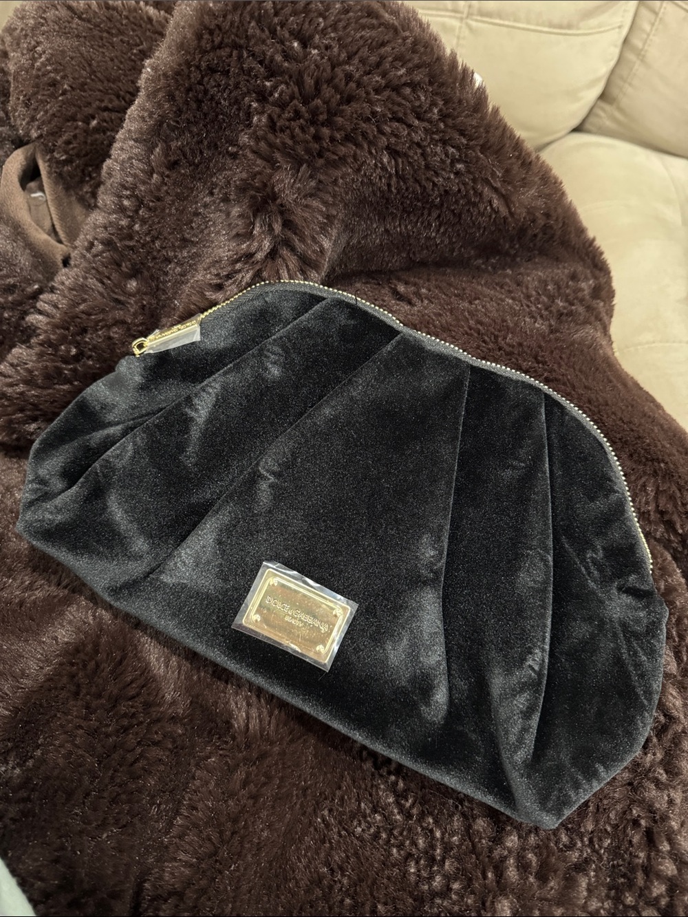 Dolce and Gabbana Black Velvet Pleated Clutch